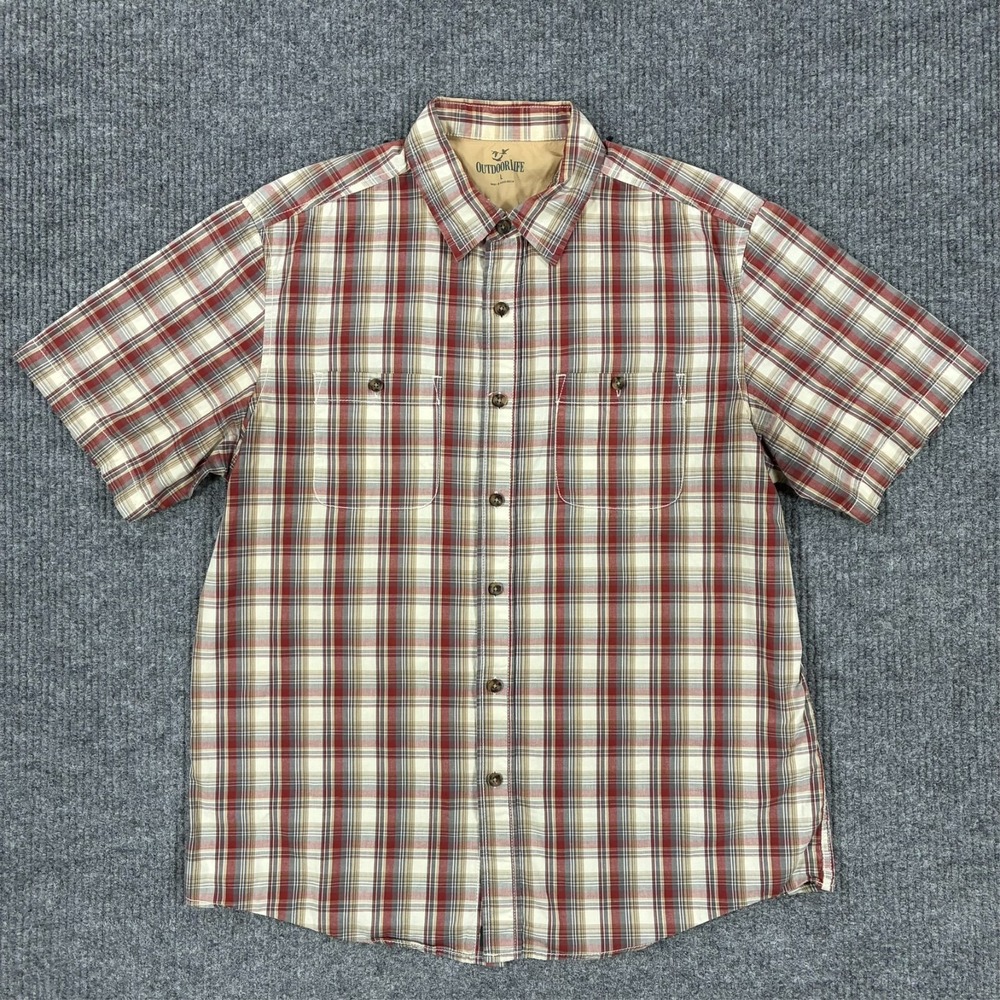 Outdoor Life Plaid Short Sleeve Button Front Shirt Mens Large Hiking Fishing
